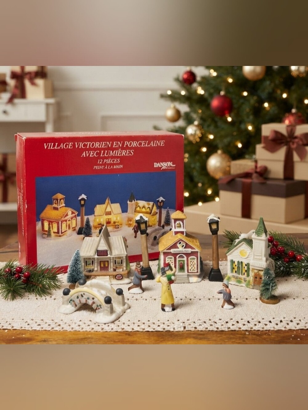 Vintage Danson Decor 12-Piece Lighted Victorian Christmas Village Set